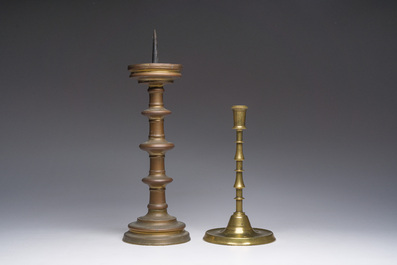A bronze knotted candlestick and a pricket candlestick, Flanders or The Netherlands, 16th and 19th C.