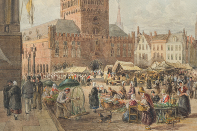 William Henry Nutter (1821-1872): Geanimeerd zicht op de Grote Markt van Brugge met Belfort, aquarel en potlood op papier, gedateerd 1870