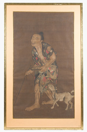 Chinese school: A blind beggar with a dog, ink and colours on silk, probably Ming