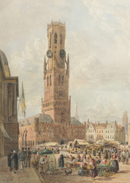 William Henry Nutter (1821-1872): Geanimeerd zicht op de Grote Markt van Brugge met Belfort, aquarel en potlood op papier, gedateerd 1870