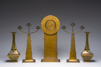 An Arts and Crafts five-piece brass and copper garniture, early 20th C.