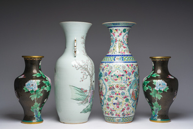 Two Chinese famille rose vases and a pair of cloisonn&eacute; vases with floral design, 19th/20th C.