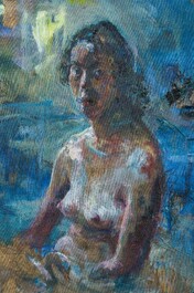 Sam Drukker (1957): 'Vrouw in water' (Woman in water), acrylic, oil and chalk on canvas, dated 1995-1996