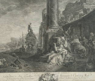 Two large French engravings in gilt wooden frames, 18th C.