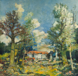 Albert Saverys (1886-1964): Sunlit garden with playing children, oil on canvas, (1948)