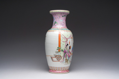 A Chinese famille rose 'court scene' vase, Qianlong mark, Republic, 20th C.