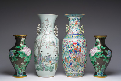 Two Chinese famille rose vases and a pair of cloisonn&eacute; vases with floral design, 19th/20th C.