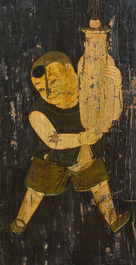 Two black-lacquered and polychromed wooden doors with boys holding a vase and a censer, Tibet, 19th C.