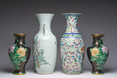 Two Chinese famille rose vases and a pair of cloisonn&eacute; vases with floral design, 19th/20th C.