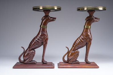 A pair of Italian faux marble-topped carved wooden whippet side table, early 20th C.