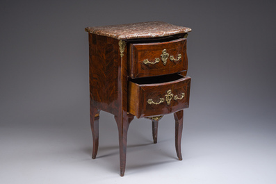 Jean-Pierre Latz (1691-1754): A small Louis XV marquetry commode with gilt bronze mounts and red marble top