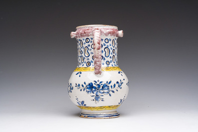 A polychrome French faience puzzle jug with Saint Peter, dated 1762, France, 19th C.