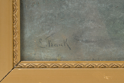 Lucien Frank (1857-1920): Walker in a landscape with a mill at the water's edge, oil on board