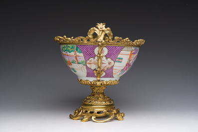 A Chinese gilt bronze mounted famille rose 'Mandarin' bowl, Qianlong