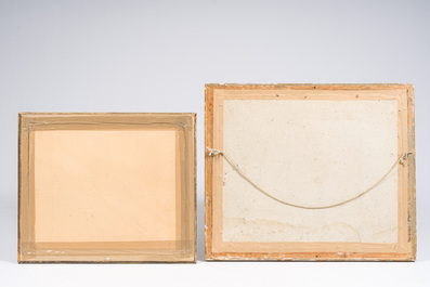 Two large French engravings in gilt wooden frames, 18th C.