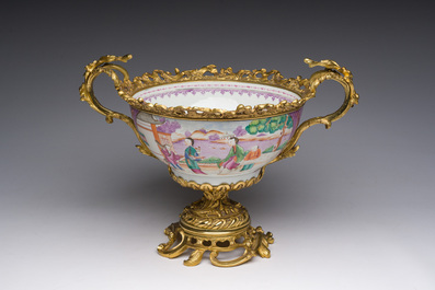 A Chinese gilt bronze mounted famille rose 'Mandarin' bowl, Qianlong