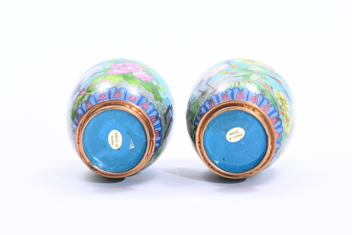 Two pairs of Chinese cloisonn&eacute; vases with cranes among blossoming branches, 20th C.