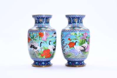 Two pairs of Chinese cloisonn&eacute; vases with cranes among blossoming branches, 20th C.