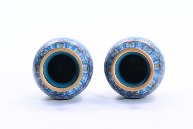 Two pairs of Chinese cloisonn&eacute; vases with cranes among blossoming branches, 20th C.