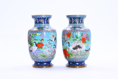 Two pairs of Chinese cloisonn&eacute; vases with cranes among blossoming branches, 20th C.