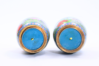 Two pairs of Chinese cloisonn&eacute; vases with cranes among blossoming branches, 20th C.