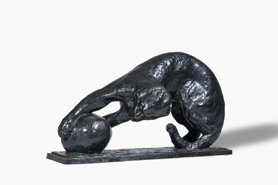 Alb&eacute;ric Collin (1886-1962): Leopard playing with a ball, black patinated bronze, De Groeve foundry mark