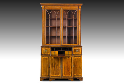 An English two-piece George III inlaid mahogany secretaire breakfront bookcase, ca. 1800