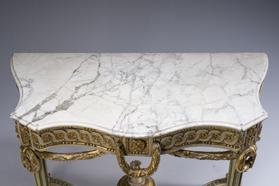A parcel-gilt and polychromed wooden marble-topped console table in Louis XVI style, 19th C.