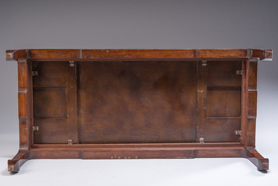 A Chinese low table with partly polychromed wooden top with engraved dragon and phoenix design, Qing and 20th C.