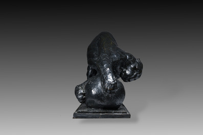 Alb&eacute;ric Collin (1886-1962): Leopard playing with a ball, black patinated bronze, De Groeve foundry mark