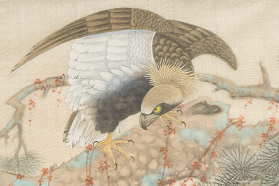 Chinese school: An eagle on a flower branch, ink and colours on silk, 20th C.