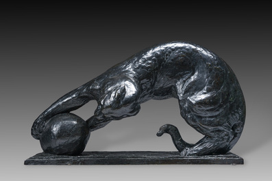 Alb&eacute;ric Collin (1886-1962): Leopard playing with a ball, black patinated bronze, De Groeve foundry mark