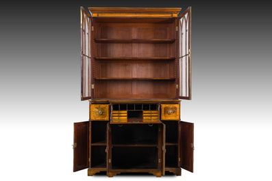 An English two-piece George III inlaid mahogany secretaire breakfront bookcase, ca. 1800