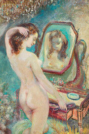 Oscar Hoge (1884-1965): Femme nue dans un int&eacute;rieur occup&eacute;e &agrave; ses toilettes, huile sur board, dat&eacute; 1965