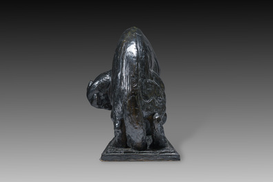 Alb&eacute;ric Collin (1886-1962): Leopard playing with a ball, black patinated bronze, De Groeve foundry mark