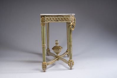 A parcel-gilt and polychromed wooden marble-topped console table in Louis XVI style, 19th C.