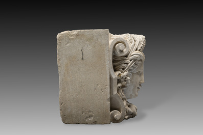 A large French architectural carved stone fragment with the head of Ceres, 19th C.