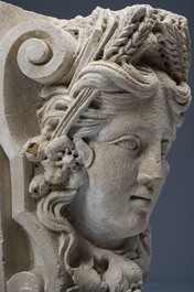 A large French architectural carved stone fragment with the head of Ceres, 19th C.