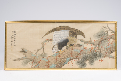 Chinese school: An eagle on a flower branch, ink and colours on silk, 20th C.