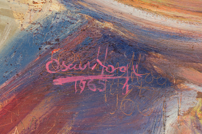 Oscar Hoge (1884-1965): Femme nue dans un int&eacute;rieur occup&eacute;e &agrave; ses toilettes, huile sur board, dat&eacute; 1965