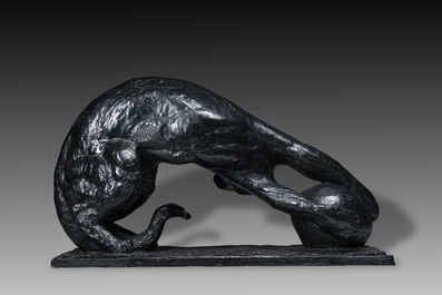 Alb&eacute;ric Collin (1886-1962): Leopard playing with a ball, black patinated bronze, De Groeve foundry mark