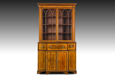 An English two-piece George III inlaid mahogany secretaire breakfront bookcase, ca. 1800