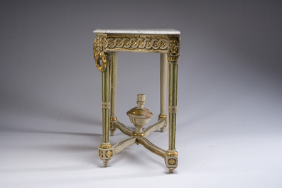 A parcel-gilt and polychromed wooden marble-topped console table in Louis XVI style, 19th C.