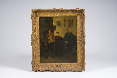 Charles de Groux (1825-1870): Int&eacute;rieur avec un pr&ecirc;tre et deux hommes, huile sur toile