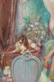 Oscar Hoge (1884-1965): Femme nue dans un int&eacute;rieur occup&eacute;e &agrave; ses toilettes, huile sur board, dat&eacute; 1965