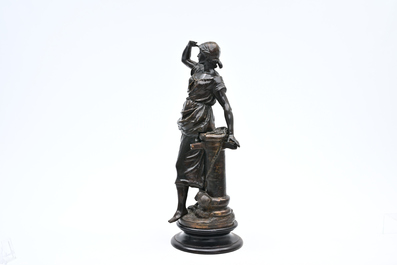 Auguste Moreau (1834-1917): P&ecirc;cheuse en garde, bronze &agrave; patine brune sur socle en bois