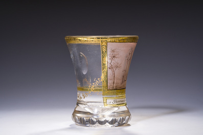An Austrian cut and gilt beaker with a romantic 'Reconciliant' scene, 19th C.