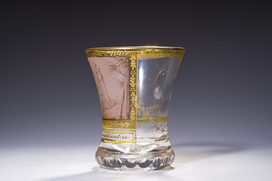 An Austrian cut and gilt beaker with a romantic 'Reconciliant' scene, 19th C.