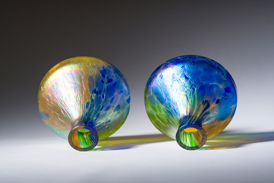 Johann Loetz (1880-1940, attributed to): A pair of multi-coloured funnel-shaped glass 'Papillon' vases, 20th C.