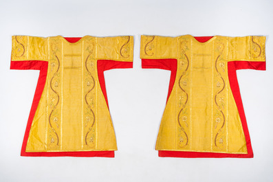 A pair of Gothic Revival gold thread dalmatics with floral inlaid relief design, 20th C.
